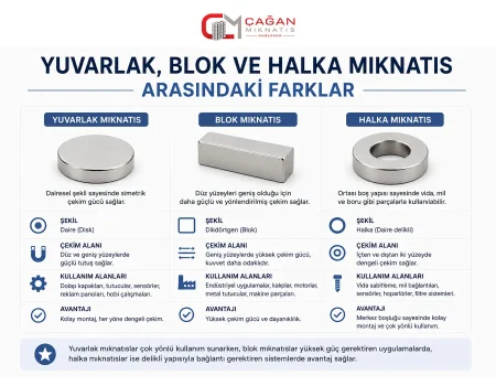 Yuvarlak, Blok ve Halka Mıknatıs Arasındaki Farklar
